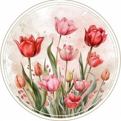 A watercolor painting of red and pink tulips.