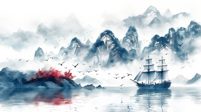 It feels like a wonderful landscape painting drawn in a completely simple way with ink artistic Chinese ink style, seaside, seagulls, big ship, island on white and transparent background
