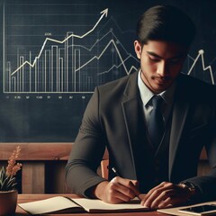  The ambitious young stockbroker gazed at the fluctuating stock market graphs analyzing the trends and making strategic decisions to maximize his clients' profits.