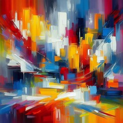  The painting is a colorful abstract cityscape with bright red, yellow, blue, and white brushstrokes.