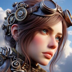  An illustration of a young woman wearing steampunk goggles with a bunch of gears on her head and shoulder.