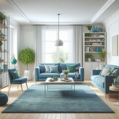  The blue living room is decorated in a modern style with a large blue rug, white walls, and blue furniture.
