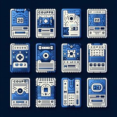  A variety of blue and white video game themed coupon designs.