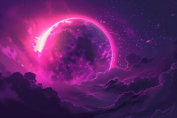 A witchy and cyberpunk anime-style illustration of a solar eclipse moon with pastel pink and purple tones