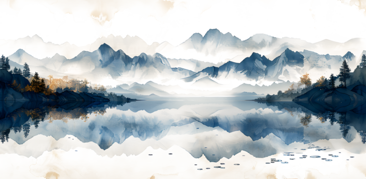 It feels like a wonderful landscape painting drawn in a completely simple way with ink, high quality, artistic on white and transparent background