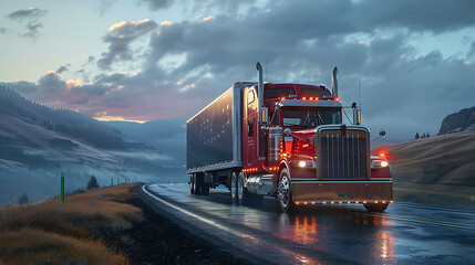 Powerful long haul big rig industrial grade diesel semi truck transporting commercial food cargo in refrigerated semi trailer running on the flat road with sky and hills view in Columbia Gorge