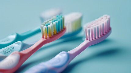Toothbrushes on blue pastel background