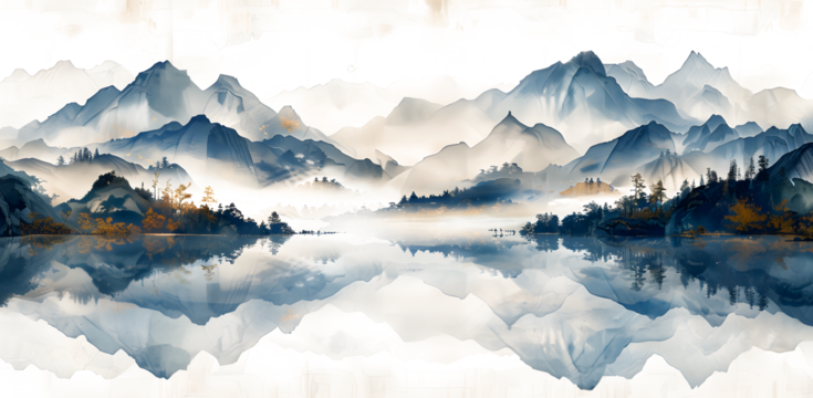 It feels like a wonderful landscape painting drawn in a completely simple way with ink, high quality, artistic on white and transparent background