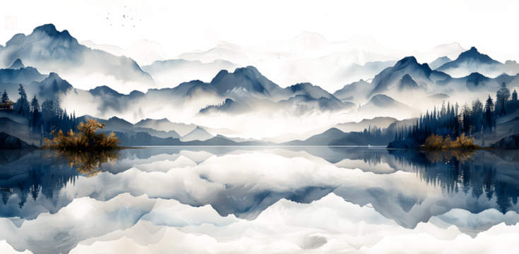 It feels like a wonderful landscape painting drawn in a completely simple way with ink, high quality, artistic on white and transparent background