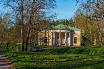 View of the Concert Hall pavilion in the Catherine Park of Tsarskoye Selo on a sunny spring day,...