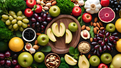 Border liver detox diet food concept, fruits, vegetables, nuts, olive oil, garlic. Cleansing the...