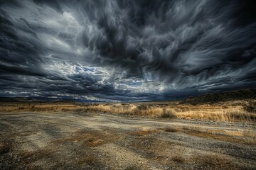 A brooding stormy sky looming over a desolate landscape, with dark clouds swirling ominously above, Generative AI