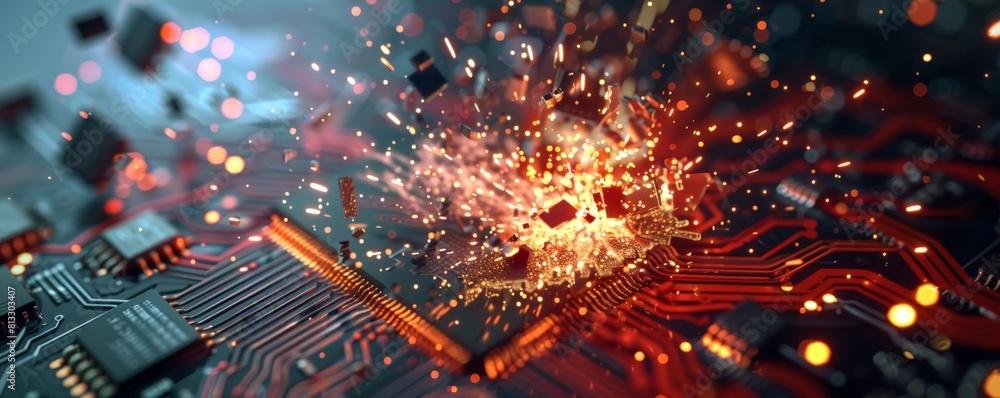Poster the image shows a close-up of a computer chip with sparks flying off of it.