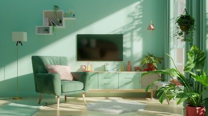A Pastel TV Room with a Sleek Green Armchair and Contemporary Decor