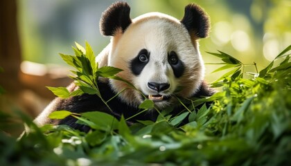 Giant panda sitting among bamboo stalks