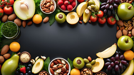 Border liver detox diet food concept, fruits, vegetables, nuts, olive oil, garlic. Cleansing the body, healthy eating. Top view, flat layout