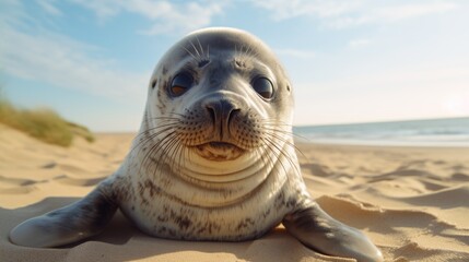 Playful seal pup on the beach, its smooth fur glistening under the sun, looking playfully at the camera - Powered by Adobe