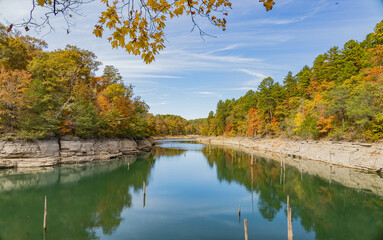 Sunny view of the beautiful fall color of Hobbs State Park-Conservation Area