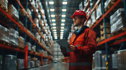 Factory engineer hold tablet manage inventory control and deliverly smart transportation through intelligent warehouse management system.Global logistic contribution and industrial innovative.
