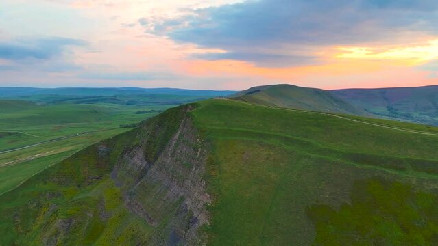 Aerial view of Mam Tor, a hill near Castleton in the High Peak of Derbyshire, England, UK