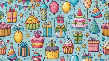 Fun hand drawn party seamless background with cakes, gift boxes, balloons and party decoration. Great for birthday parties, textiles, banners