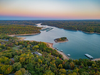 Sunrise aerial view of the Hobbs State Park-Conservation Area landscape
