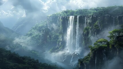 The waterfall is located in the middle of a lush green jungle - Powered by Adobe