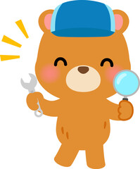 虫眼鏡とスパナを持ったクマの作業員