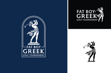 Greek God Playing Golf. Ancient Roman Statue of Fat Man swing a club stick for tournament sport logo design