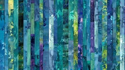 An eclectic abstract painting featuring vertical blue and green stripes on a canvas, background