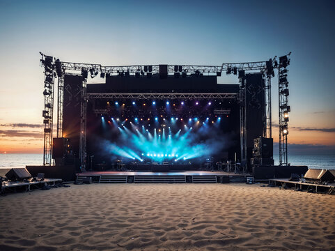 The stage at outdoor beach music festival on a summer evening. An electrifying scene featuring an empty stage for a rock concert, for an epic and energetic performance.