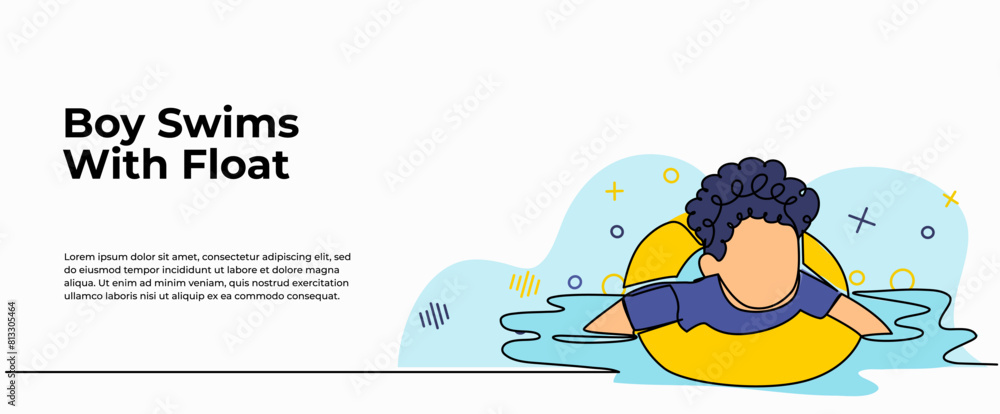 Poster vector illustration of a boy floats in the water using a tire swimming float. modern flat in continu