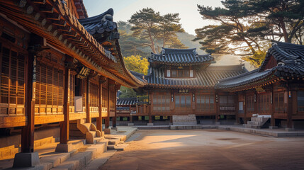 Early morning in a serene Korean temple, traditional wooden buildings with ornate details