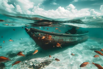 transparent sea sunken wooden dinghy
