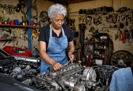 Senior african american female mechanic working on car engine repair in auto repair shop. Elderly black woman own small garage service business.