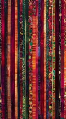 A quilt featuring a variety of colorful and vibrant vertical stripes in an eclectic pattern, background