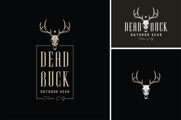 Deer Buck Stag Head Skull Antlers for Forest Outdoor Adventure or Wildlife Hunting Vintage logo design