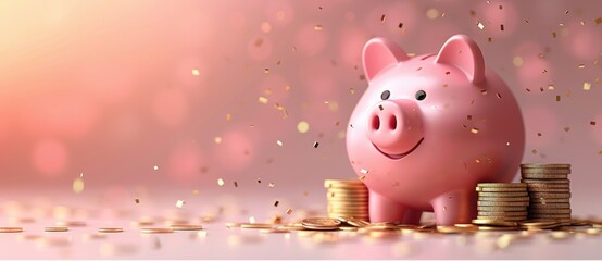 Smiling pink piggy bank for saving money with gold coins