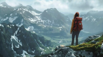 Young woman standing on a mountain peak enjoying the view. She is wearing a backpack and hiking gear.