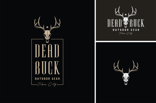 Deer Buck Stag Head Skull Antlers for Forest Outdoor Adventure or Wildlife Hunting Vintage logo design