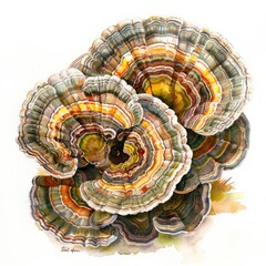 Watercolor painting of a group of turkey tail mushrooms displaying their colorful concentric rings, on isolated white background, Generative AI