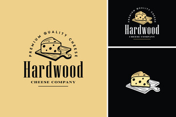 Slice of Cheese on Wooden Cutting Board for Traditional Cheesemonger Shop Store Vintage Classic label logo design