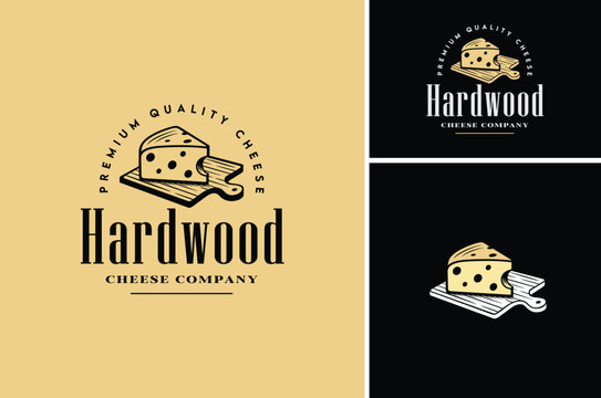 Slice of Cheese on Wooden Cutting Board for Traditional Cheesemonger Shop Store Vintage Classic label logo design