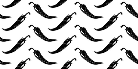 Pattern of peppers silhouette with texture. Black pepper seamless pattern on white background.