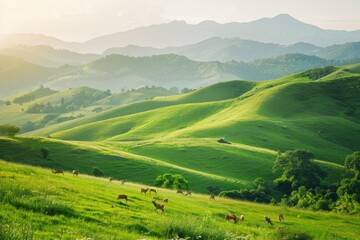 Obraz premium A tranquil countryside scene with rolling hills and grazing deer