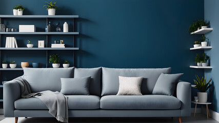 Grey sofa against blue wall with shelf. Scandinavian interior design of modern living room