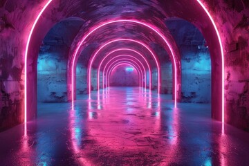 Background 3d render of corridor hallway with neon lights