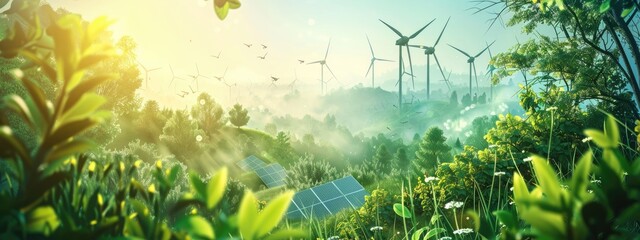 Serene Sustainable Energy Landscape with Solar Panels and Wind Turbines at Sunrise