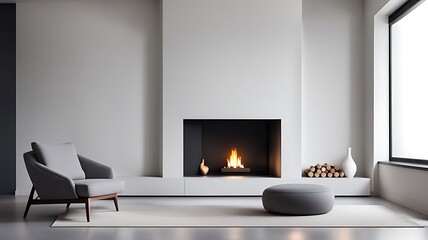 Sofa and pouf against wall with fireplace. Minimalist interior design of modern living room, home.	