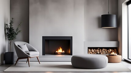 Sofa and pouf against wall with fireplace. Minimalist interior design of modern living room, home.	